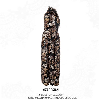 Maple leaf print slit maxi dress