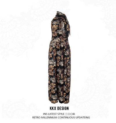 Maple Leaf Print Slit Maxi Dress