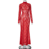 Lace stitching half high collar slim see-through sexy dress - Thumbnail 4
