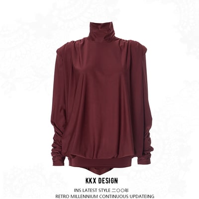 High collar padded shoulder loose pleated sexy backless mini skirt