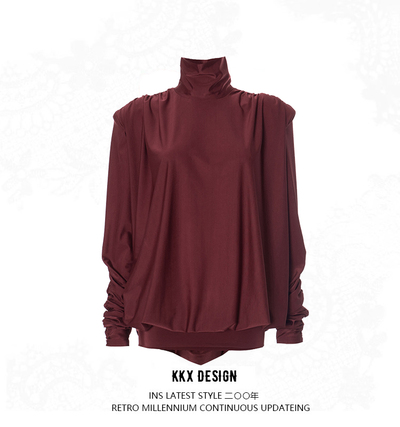 High collar padded shoulder loose pleated sexy backless mini skirt
