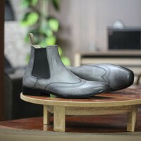 Men's Ankle High Grey Leather Chelsea Wing Tip Boot - Thumbnail 1