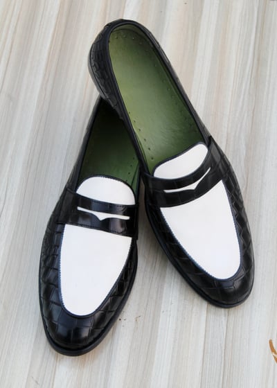 Crafted Leather Classic Luxury White Black Crocodile/Alligator Leather Loafers Dress Shoes