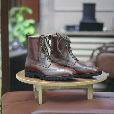 Handmade ankle high men's brown leather wing tip boot