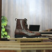 Handmade Ankle High Men's Brown Leather Wing Tip Boot - Thumbnail 1