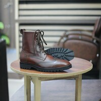 Handmade Ankle High Men's Brown Leather Wing Tip Boot - Thumbnail 2