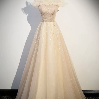 Champagne tulle sequins long prom party dress - Thumbnail 1