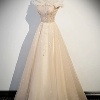 Champagne Tulle Sequins Long Prom Party Dress - Thumbnail 1