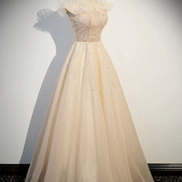 Champagne Tulle Sequins Long Prom Party Dress - Thumbnail 2