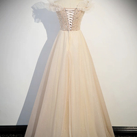 Champagne Tulle Sequins Long Prom Party Dress - Thumbnail 3