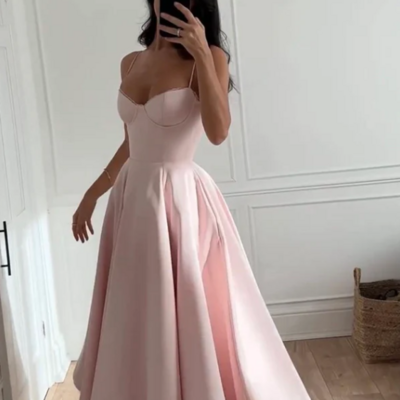 A-line pink straps long party dresses - Thumbnail 1