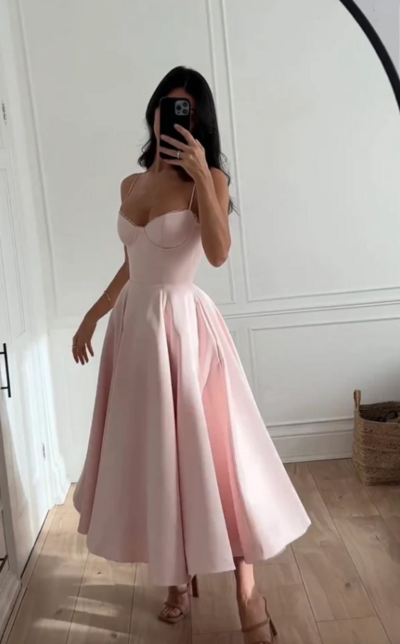 A-Line Pink Straps Long Party Dresses