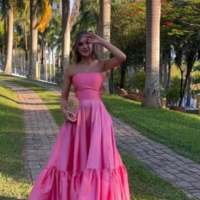 Classy Floor Length Ball Gown Strapless Pink Satin Slit Prom Dresses - Thumbnail 1