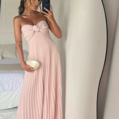 A line strapless light pink chiffon long evening dress with ruffles - Thumbnail 3
