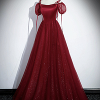 Burgundy Satin Tulle Floor Length Prom Party Dress - Thumbnail 1