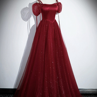Burgundy Satin Tulle Floor Length Prom Party Dress - Thumbnail 2