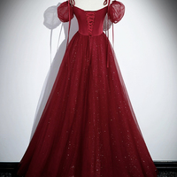 Burgundy Satin Tulle Floor Length Prom Party Dress - Thumbnail 3