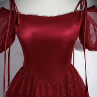 Burgundy Satin Tulle Floor Length Prom Party Dress - Thumbnail 4