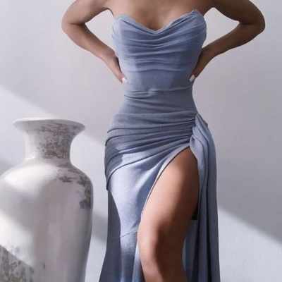 Mermaid elegant slit long blue sleeveless evening dresses