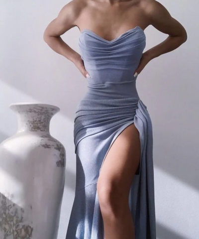 Mermaid Elegant Slit Long Blue Sleeveless Evening Dresses