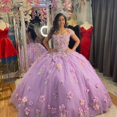 Elegant lilac ball gown sweet 16 dress quinceanera dress with 3d flowers