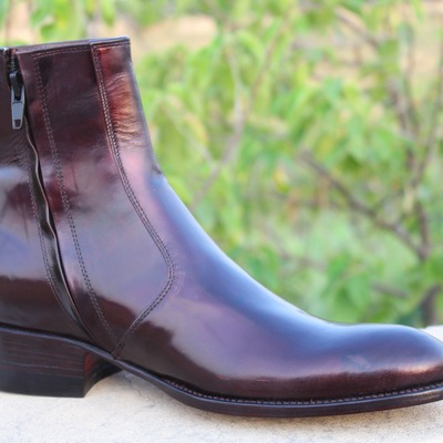 Crafted leather men's dress shoes classic brown glassy patent leather jodhpur boots