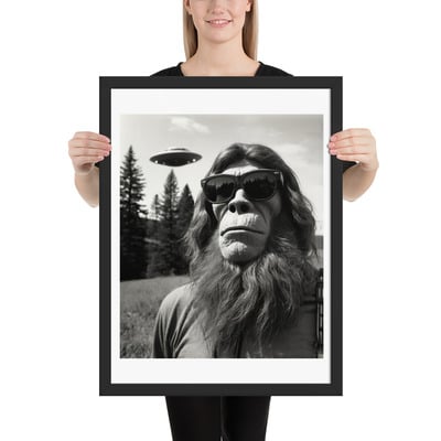 Funny sasquatch bigfoot with ufo framed poster