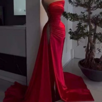 Sexy Red Beaded Satin Prom Dress with High Slit - Thumbnail 1