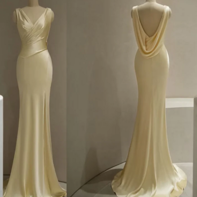 Mermaid pastel yellow satin backless prom dress
