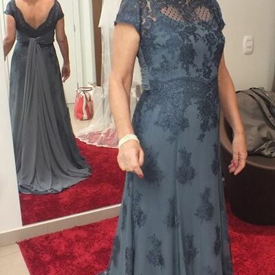 Elegant grey lace mother of bride groom dress evening formal prom dress