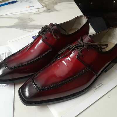 Men's handmade maroon patent look dress shoes