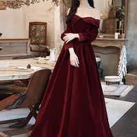 Burgundy Velvet Long Sleeve Evening Paty Dress - Thumbnail 2