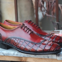 Crafted Leather Men's Red Calf Crocodile/Alligator Leather Lace up Dress Shoes - Thumbnail 1
