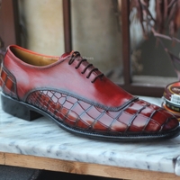 Crafted Leather Men's Red Calf Crocodile/Alligator Leather Lace up Dress Shoes - Thumbnail 2