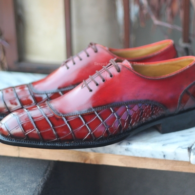 Crafted leather men's red calf crocodile/alligator leather lace up dress shoes - Thumbnail 4