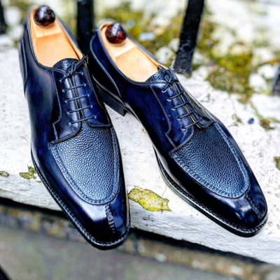Handmade men blue grain leather dress shoes - Thumbnail 4