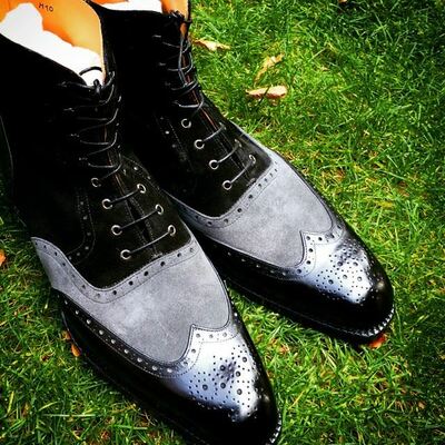 Handmade men black gray suede leather ankle high wingtip lace up boot - Thumbnail 3