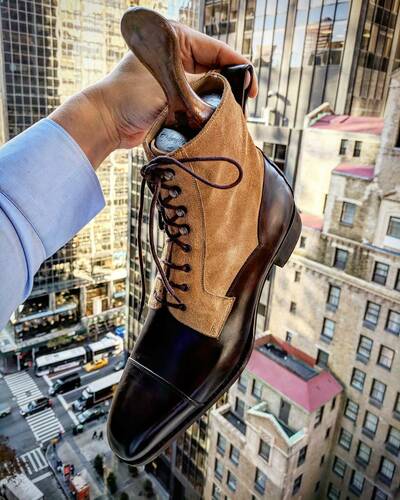 Handmade Men Black Calf Suede Leather Ankle High Lace up Boot