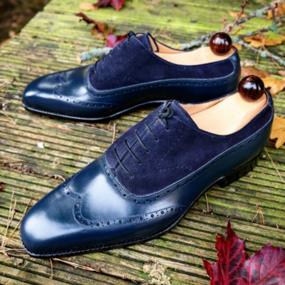 Handmade men blue calf blue suede leather wingtip oxford shoes - Thumbnail 4