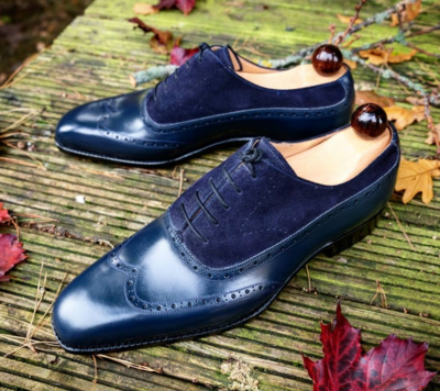 Handmade Men Blue Calf Blue Suede Leather Wingtip Oxford Shoes