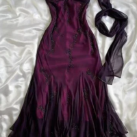 Vintage Halter Dark Purple Beading Ruffle Prom Dresses - Thumbnail 1