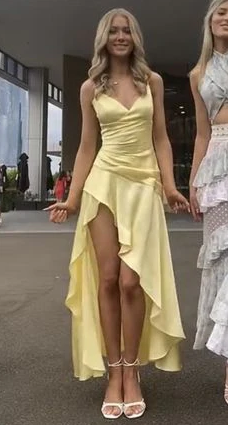 Spaghetti Straps Yellow High Low Prom Dresses