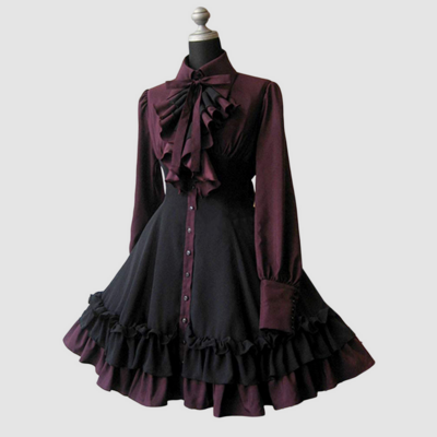  vintage high waist long sleeve ruffles dress with bow