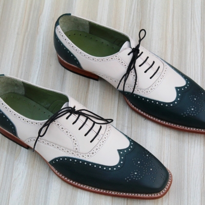 Crafted leather handmade classic green white leather dress shoes - Thumbnail 2