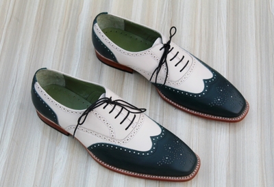 Crafted Leather Handmade Classic Green White Leather Dress Shoes