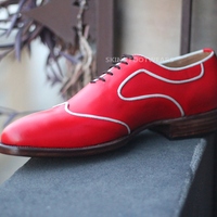 Crafted Leather Red White Lining Leather Wingtip Oxford Lace up Dress Shoes - Thumbnail 1