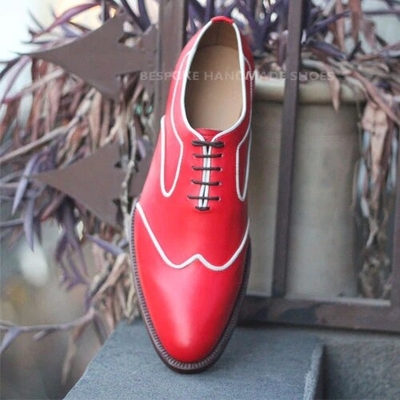 Crafted Leather Red White Lining Leather Wingtip Oxford Lace up Dress Shoes