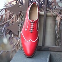Crafted Leather Red White Lining Leather Wingtip Oxford Lace up Dress Shoes - Thumbnail 2