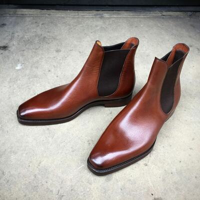 Handmade men brown grain leather chelsea boot