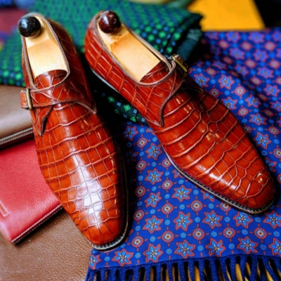 Handmade men red crocodile/alligator monk strap dress shoes - Thumbnail 3